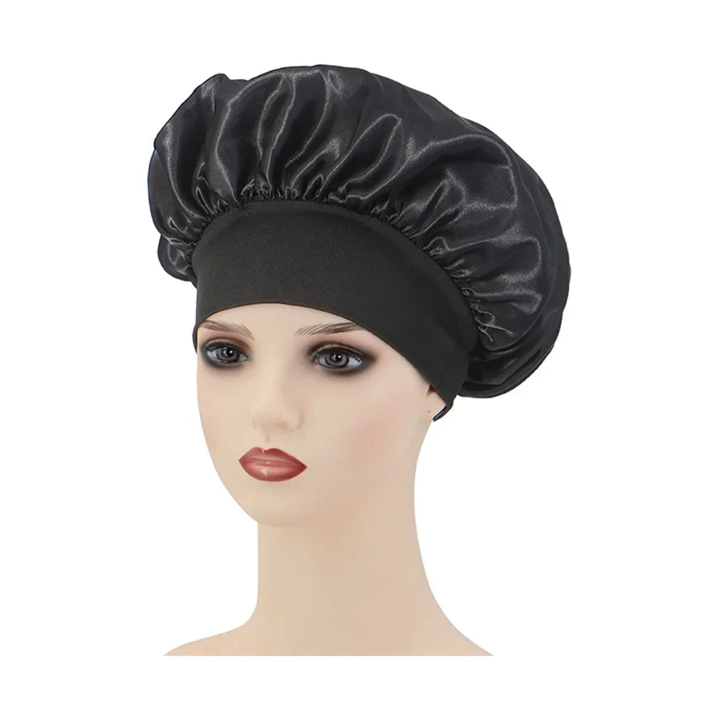 New Women's Satin Solid Wide-brimmed Sleeping Hat Unisex Head Wrap Elastic Band Cap Hair Care Bonnet Night Hat Bonnet De Nuit