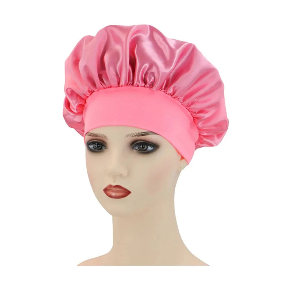 New Women's Satin Solid Wide-brimmed Sleeping Hat Unisex Head Wrap Elastic Band Cap Hair Care Bonnet Night Hat Bonnet De Nuit
